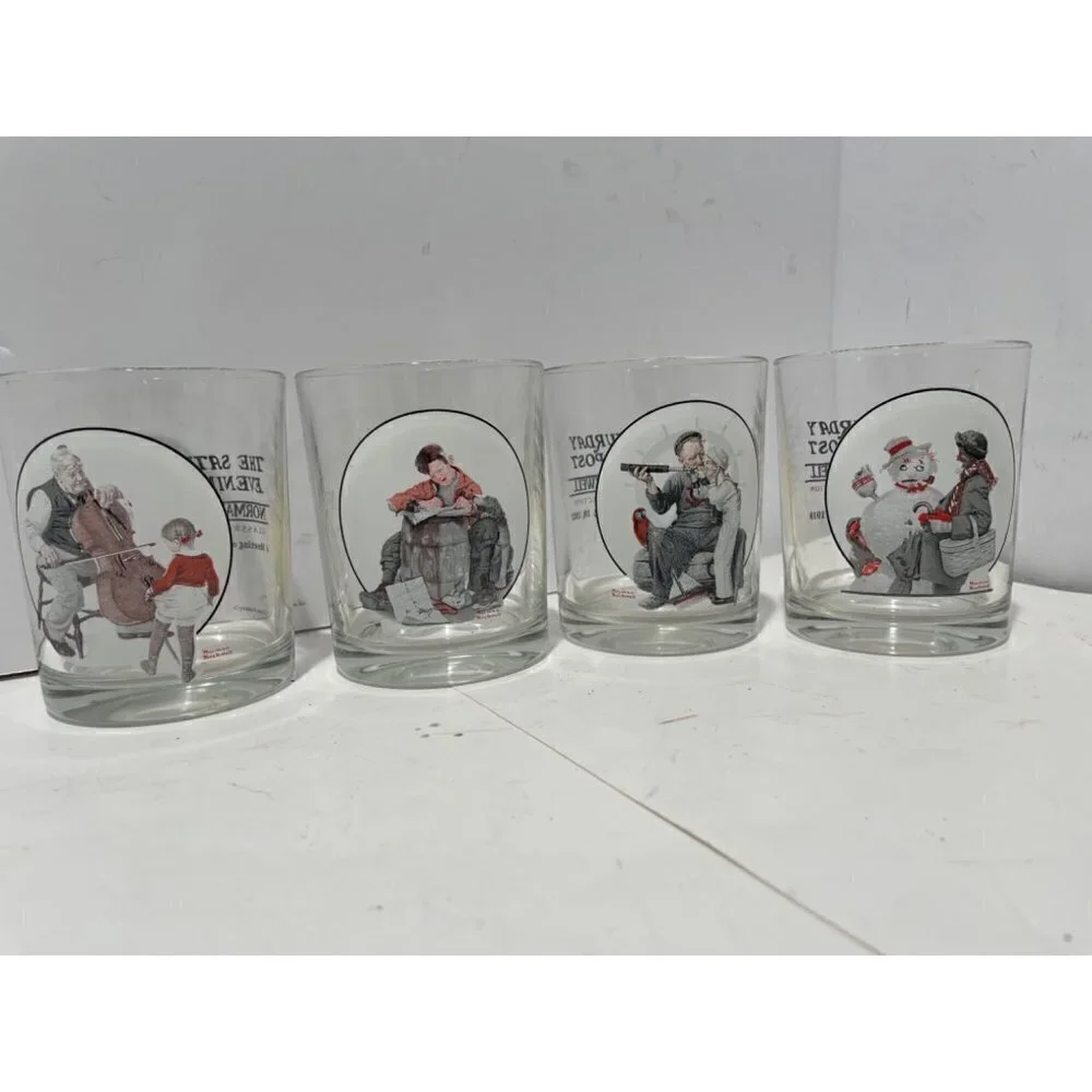 Vintage THE SATURDAY EVENING POST NORMAL ROCKWELL  4 GLASS SET COLLECTION
